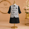 Boys Black Kurta with White Floral Printed Nehru Jacket Set