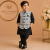 Boys Black Kurta with White Floral Printed Nehru Jacket Set